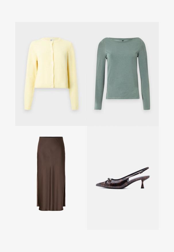 Gul ribbet cardigan med lange ærmer, rund halsudskæring og fem knaplukninger foran. Blød tekstur med en cropped pasform.; Langærmet skjorte i blødt, lysegrønt stof. Har en bred halsudskæring og en figursyet pasform med glat tekstur og rene sømme.; Brun satin nederdel med et lige design, der har sideslids for let bevægelse og en glat tekstur gennem stoffet.; Sandal med spids tå, kitten heel og slingback, i skildpaddemønster med en lille dekorativ knude foran.