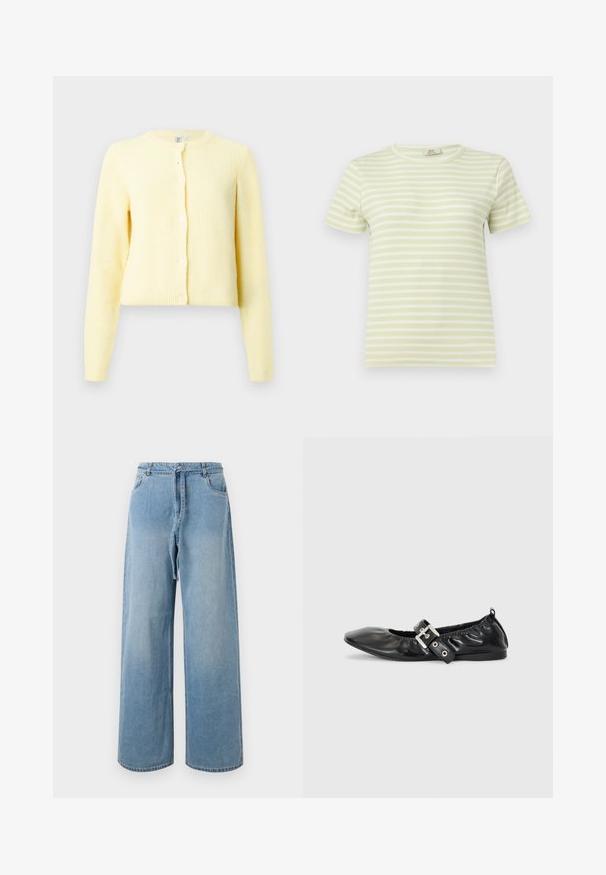 Geel geribbeld vest met lange mouwen, ronde halslijn en vijf knoopsluitingen aan de voorkant. Zachte textuur met een cropped fit.; Lichtgroen en wit horizontaal gestreept, geribd T-shirt met korte mouwen en een ronde halslijn, afgebeeld tegen een effen achtergrond.; Lichtblauwe denim wijde pijpen jeans met een hoge taille, voorzien van voorzakken, een strikriem en een vervaagde textuur.; Zwarte leren platte schoen met een spitse neus, geplooide details rond de opening en een zilveren gespaccentueerde verstelbare band.