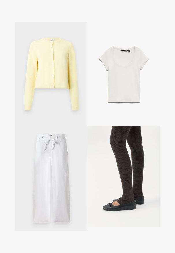 Žltý rebrovaný cardigan s dlhými rukávmi, okrúhlym výstrihom a piatimi gombíkmi pozdĺž prednej strany. Mäkká textúra s cropped strihom.; Biely krátky rukáv rebrovaný pletený top s okrúhlym výstrihom, viditeľná čierna značka vo vnútri goliera, položený na bielom pozadí.; Biele široké nohavice vyrobené z bavlny. Obsahujú šnúrku na sťahovanie v páse a zapínanie na gombík. Hladká textúra s minimalistickým dizajnom.; Nohy v tmavých pásikavých legínach v kombinácii s čiernymi balerínkami s malými mašličkami na bielom pozadí.