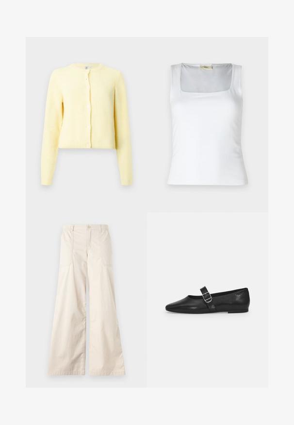 Žltý rebrovaný cardigan s dlhými rukávmi, okrúhlym výstrihom a piatimi gombíkmi pozdĺž prednej strany. Mäkká textúra s cropped strihom.; Biele tielko s štvorecovým výstrihom vyrobené z hladkej látky. Má široké ramienka a priliehavý strih. Bez viditeľných vzorov alebo ozdôb.; Béžové nohavice s širokými nohavicami, vybavené gombíkovým zapínaním, elastickým pásom a dvoma bočnými vreckami. Hladká bavlnená tkanina s jemnou textúrou.; Čierna kožená plochá obuv s okrúhlym nosom, jedným nastaviteľným pásikom so sponou a hladkým, lesklým povrchom. Minimalistický dizajn s nízkym podpätkom.