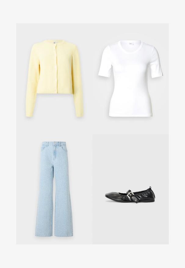 Cárdigan amarillo con canalé, de mangas largas, escote redondo y cinco botones en la parte delantera. Textura suave y ajuste cropped.; Camiseta blanca de manga corta hecha de algodón liso, con escote redondo y forma ajustada. Diseño clásico, sin estampados ni adornos.; Pantalones vaqueros de mezclilla anchos de color azul claro con una cintura alta, que cuentan con un cierre de botón, cinco bolsillos y una sutil textura desgastada.; Zapato plano de piel negra con puntera afilada, detalle fruncido alrededor de la abertura y un acento de hebilla plateada en la correa ajustable.
