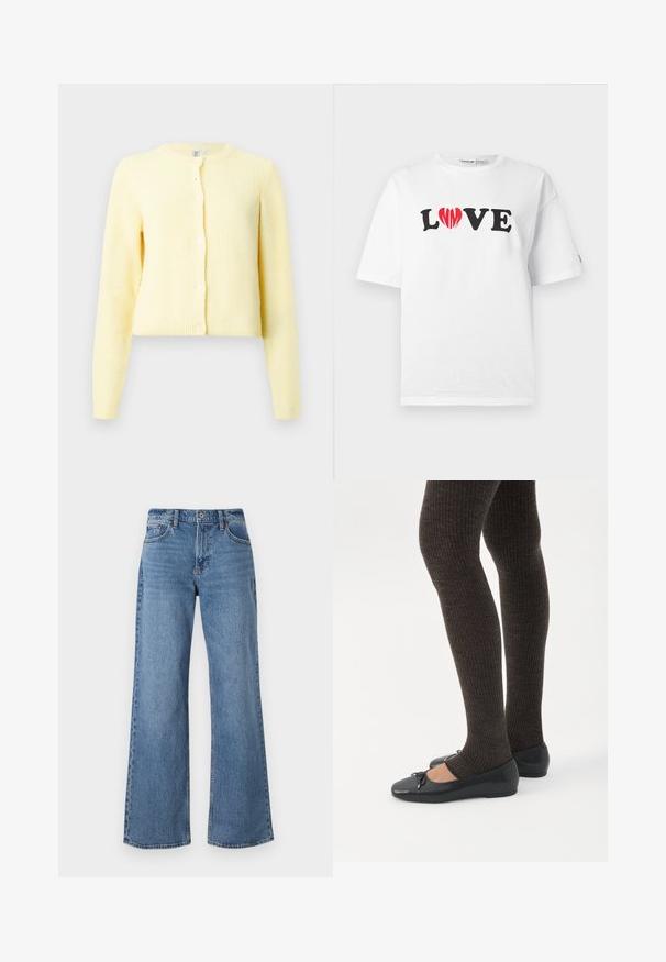 Gelber gerippter Cardigan mit langen Ärmeln, runden Ausschnitt und fünf Knopfverschlüssen an der Vorderseite. Weiche Textur mit cropped Passform.; Weißes Baumwoll-T-Shirt mit dem Wort "LOVE" in Schwarz, wobei das "O" durch ein rotes Herz ersetzt ist. Kurzärmlig und locker geschnitten.; Helle blaue weite Jeans aus Denim mit hoher Taille, Gürtelschlaufen und Knopfverschluss. Die Fertigstellung umfasst Nähte und Saumdetails.; Beine in dunklen, gerippten Leggings kombiniert mit schwarzen Ballerinas mit kleinen Schleifendetails auf weißem Hintergrund.