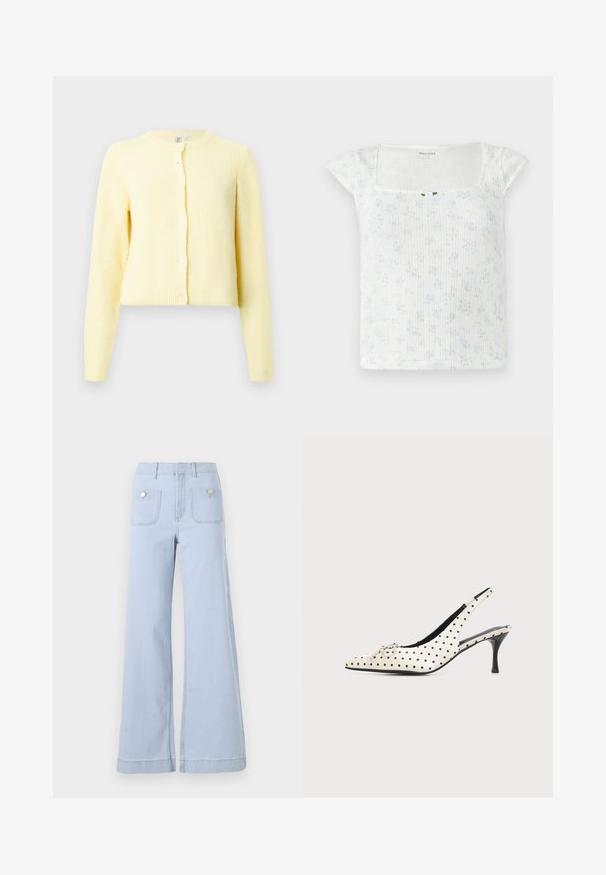 Cárdigan amarillo con canalé, de mangas largas, escote redondo y cinco botones en la parte delantera. Textura suave y ajuste cropped.; Top blanco con estampado floral, con mangas cortas tipo capa, textura acanalada, escote cuadrado y un pequeño botón de adorno en el centro delantera.; Jeans de pierna ancha azul claro, confeccionados en denim, con una cintura alta, grandes bolsillos frontales y detalles metálicos en los bolsillos traseros.; Zapato de tacón alto slingback de cuero blanco con lunares negros y un pequeño lazo decorativo en la punta puntiaguda sobre un fondo liso.