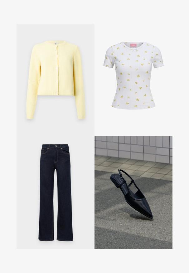 Geel geribbeld vest met lange mouwen, ronde halslijn en vijf knoopsluitingen aan de voorkant. Zachte textuur met een cropped fit.; Wit aangesloten T-shirt met korte mouwen, kleine gele bloemenprint en subtiel verticaal patroon, ronde hals en klein strikdetail aan de voorkant.; Donkerblauwe spijkerbroek met rechte pijpen, knoopsluiting, riemlussen en vijf zakken, weergegeven op een witte achtergrond.; Zwarte platte schoen met puntige neus en slingback, zwevend boven een asfaltoppervlak naast een betegeld trottoir.