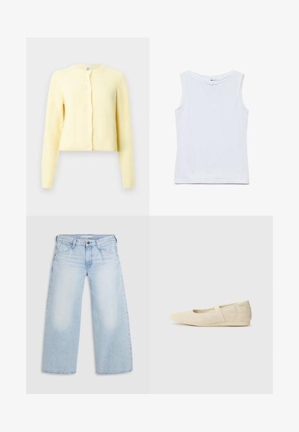 Geel geribbeld vest met lange mouwen, ronde halslijn en vijf knoopsluitingen aan de voorkant. Zachte textuur met een cropped fit.; Mouwloze witte katoenen top met een brede ronde hals en rechte zoom, plat uitgestald op een witte achtergrond.; Lichtblauwe wijde jeans gemaakt van denim. Kenmerken zijn een rechte snit, een vijfzakkenontwerp en een knoopsluiting aan de taille.; Beige ballerina's met een gladde leren buitenkant, amandelvormige punt en elastische band over de wreef, met subtiele stiksels.