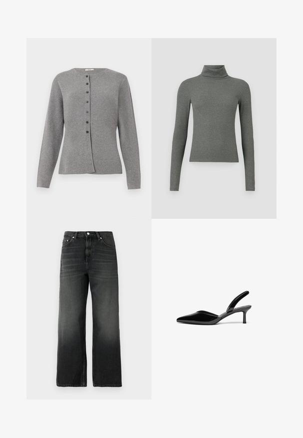 Lys grå strikket cardigan med lange ærmer og rund hals, der har syv mørke knapper foran.; Grå langærmet turtleneck-top lavet af blødt ribbet materiale, med en tætsiddende pasform og høj krave.; Sorte denim jeans med en afslappet pasform, lige ben design, falmet tekstur, fem-lomme stil og sølvknaplukning i taljen.; Sorte patentlæder slingback hæle med spids tå, lav stiletto hæl og et elegant, enkelt design uden pynt.
