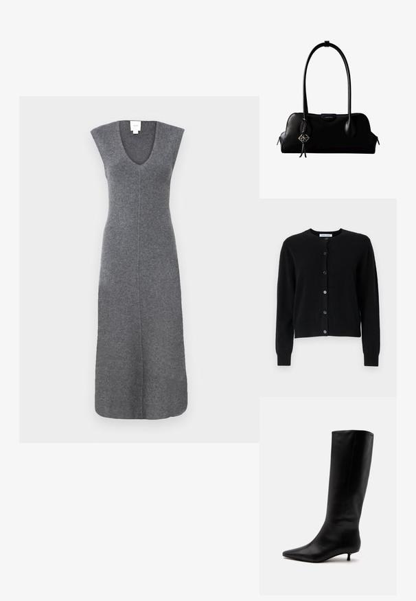 Sort cardigan lavet af blødt stof, med rund halsudskæring, lange ærmer og seks knaplukninger foran. Simpelt design, ingen mønstre.; Grå, ærmeløs kjole lavet af blødt materiale. Den har en dyb V-halsudskæring og en lige pasform, med en søm ned langs midten foran.; Sort læder knæhøj støvle med spids snude og lav kittenhæl mod en ensfarvet lys baggrund.; Sort lædertaske fra Calvin Klein med lange håndtag, en forside-logo-tag og en sølv geometrisk vedhæng, der hænger fra det ene håndtag.