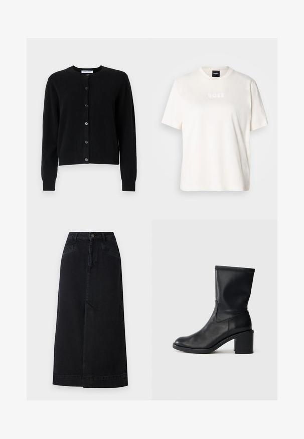 Sort cardigan lavet af blødt stof, med rund halsudskæring, lange ærmer og seks knaplukninger foran. Simpelt design, ingen mønstre.; Hvid bomulds-T-shirt med rund halsudskæring, korte ærmer og et præget "BOSS"-logo på brystet. Blød tekstur og løs pasform.; Sort denim midi nederdel med en lige pasform, frontlukning med knapper og sidelommer med diskrete syninger.; Sort læder ankelstøvle med rund tå, glat tekstur og en grov hæl, der har et tætsiddende skaft og subtil syning.