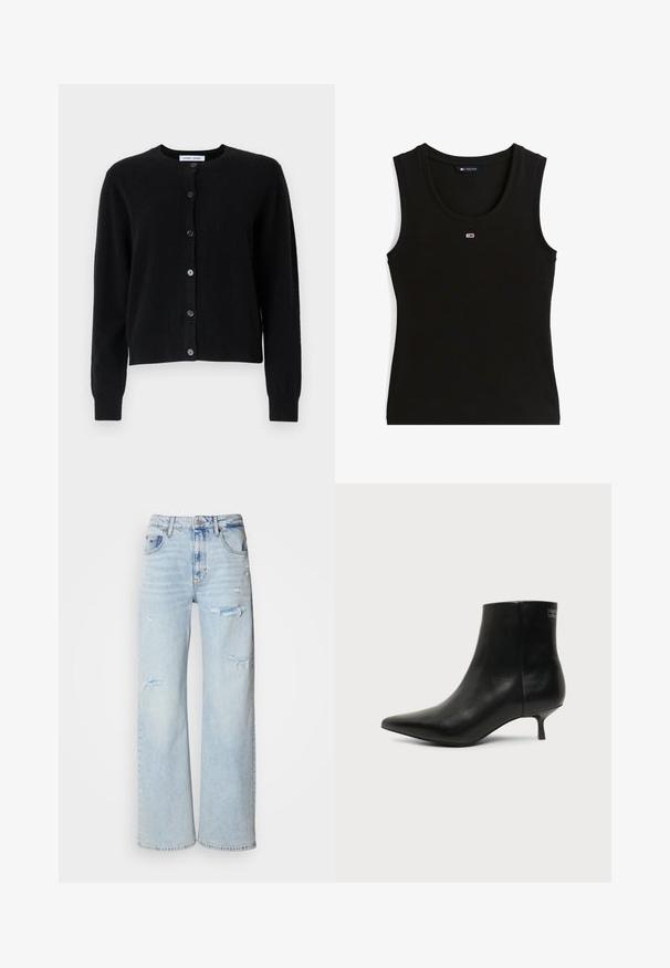 Μαύρο cardigan από μαλακό ύφασμα, με στρογγυλή λαιμόκοψη, μακριά μανίκια και έξι κουμπιά που κλείνουν μπροστά. Απλός σχεδιασμός, χωρίς σχέδια.; Μαύρο ριπ αμάνικο τοπ με μικρό ορθογώνιο λογότυπο σε κόκκινο, λευκό και μπλε στο κέντρο του στήθους και ετικέτα στο γιακά με την επιγραφή Tommy Jeans.; Ανοιχτό μπλε τζιν παντελόνι σε φαρδιά γραμμή με φθορά, διαθέτει ψηλή μέση, πέντε τσέπες και ακατέργαστες άκρες στο στρίφωμα.; Μαύρο δερμάτινο μποτάκι γύρω από τον αστράγαλο με μυτερή μύτη και χαμηλό τακούνι σε ανοιχτό φόντο, εμφανίζει την εξωτερική πλευρά.