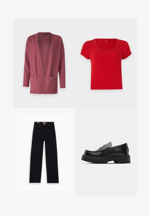 Cárdigan de tejido de punto en color burdeos con apertura frontal, mangas largas y dos bolsillos delanteros. Textura suave y ajuste relajado.; Camiseta roja de manga corta hecha de una tela suave, con un escote redondeado en forma de scoop y un corte ajustado con bordes limpios.; Jeans de mezclilla negros con corte recto, cinco bolsillos, herrajes de cobre y una textura suave. Dos etiquetas visibles en la cinturilla.; Mocasines de cuero negro con suela gruesa y texturizada, que presentan una correa sobre el empeine y un acabado suave y pulido.