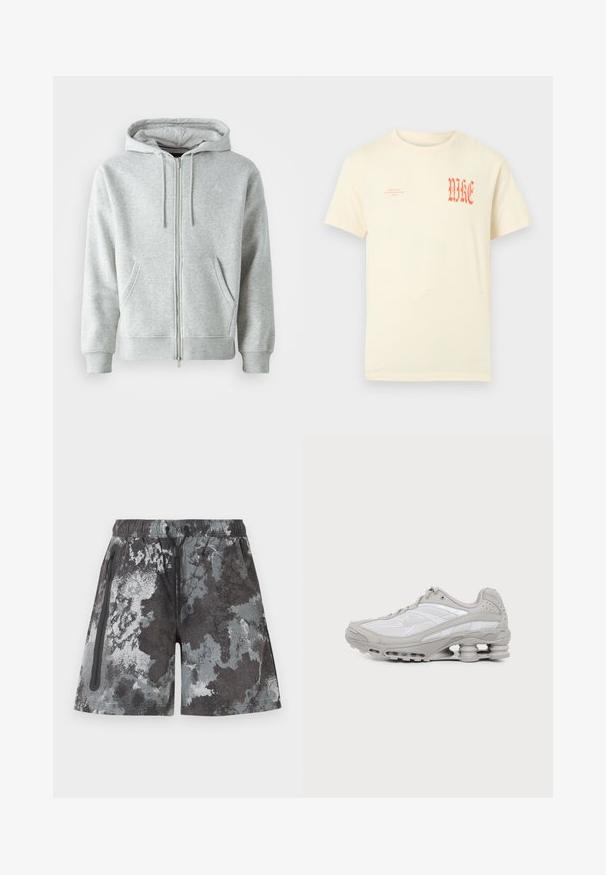 Sweat à capuche zippé gris avec cordon de serrage, doté de poches latérales, de poignets côtelés et d'un logo discret sur la poitrine. Texture de tissu douce.; T-shirt crème à manches courtes avec petit texte orange "NIKE AIR INCORPORATED 1972" sur le côté gauche de la poitrine et grand logo stylisé "NIKE" sur le côté droit de la poitrine.; Shorts de sport pour hommes avec un motif camouflage abstrait gris et noir, taille élastique avec cordon de serrage, et poche latérale zippée.; Baskets de sport grises et blanches avec semelle à coussin d'air visible et panneaux en mesh, présentées de profil sur un fond clair uni.