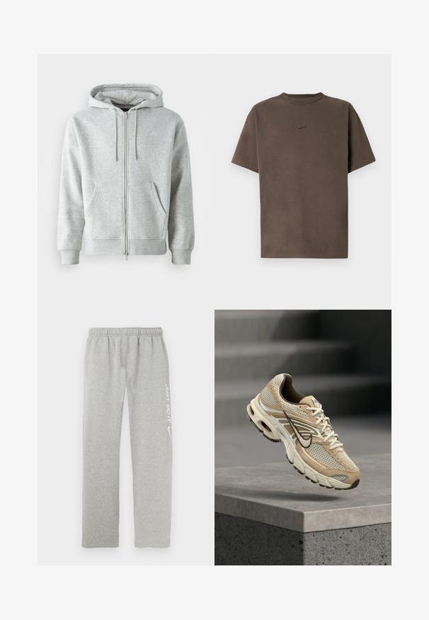 Grå zip-up hættetrøje med snørebånd i hætten, der har sidelommer, ribbede manchetter og et diskret logo på brystet. Blød stoftekstur.; Brun Nike T-shirt med korte ærmer, rund hals og lille broderet logo centreret på brystet mod en hvid baggrund.; Grå joggingbukser lavet af blødt materiale med elastisk taljebånd. Har en hvid "JUST DO IT" tekst og Nike swoosh-logo på det ene ben.; Beige og hvid Nike løbesko med mesh paneler og sort swoosh, der svæver over en betonkant med slørede trapper i baggrunden.