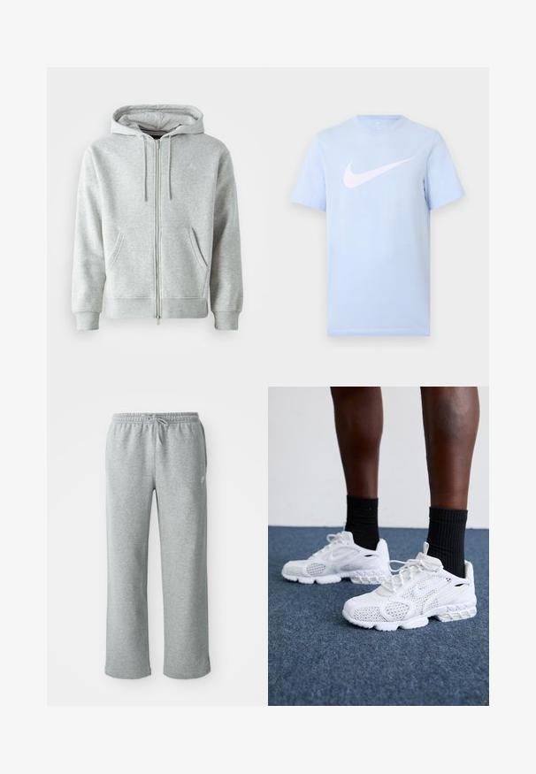 Grå zip-up hættetrøje med snørebånd i hætten, der har sidelommer, ribbede manchetter og et diskret logo på brystet. Blød stoftekstur.; Lyseblå T-shirt med korte ærmer og en stor hvid Nike swoosh-logo midt på forsiden mod en ensfarvet baggrund.; Grå bomulds sweatpants med elastisk talje, snorelukning og lige ben. Har et lille logo på den øverste venstre side.; Hvide atletik-sko med mesh-overdel, teksturerede accenter og polstret sål. Parret med sorte ribbede ankelstrømper på en blå tæppebelagt overflade.