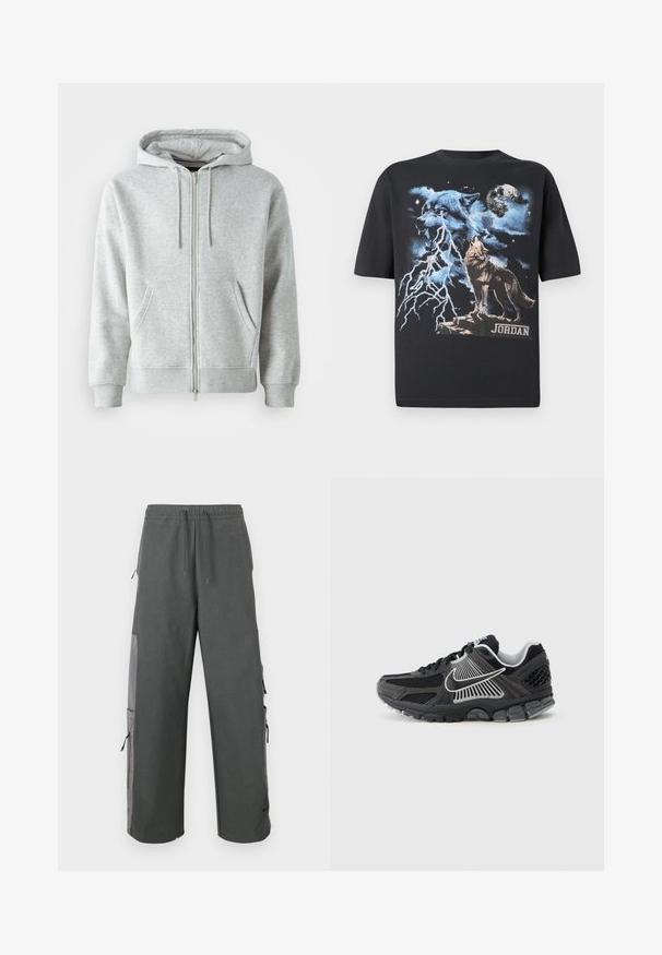 Grå zip-up hættetrøje med snørebånd i hætten, der har sidelommer, ribbede manchetter og et diskret logo på brystet. Blød stoftekstur.; Sort T-shirt med et ulvegrafik i blå og sølvtoner, lyn og ordet "JORDAN" nederst. Korte ærmer, almindelig pasform.; Mørkegrå cargobukser med elastik i taljen, snøre, sidelommer og mesh-detaljer, med en løs og afslappet pasform.; Sort atletiksko med meshpaneler og syntetiske detaljer. Har en rundet tå, tyk polstret sål og kontrasterende hvide logodetaljer.