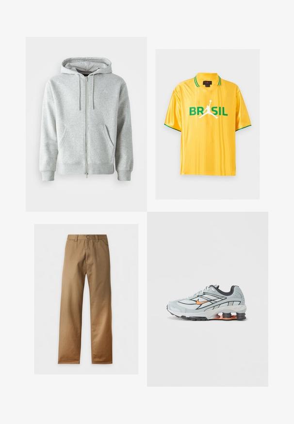 Grå zip-up hættetrøje med snørebånd i hætten, der har sidelommer, ribbede manchetter og et diskret logo på brystet. Blød stoftekstur.; Gul kortærmet sportstrøje med grøn kant på krave og ærmer, teksten "BRASIL" og hvid silhuet af en basketballspiller på fronten.; Kaki-brune bukser med lige ben, bæltestropper, knaplukning og forlommer, vist mod en hvid baggrund.; Lyst grå løbesko med sorte detaljer, orange logo, mesh-overdel, polstret krave og gummisål med synlige stødabsorberende enheder.