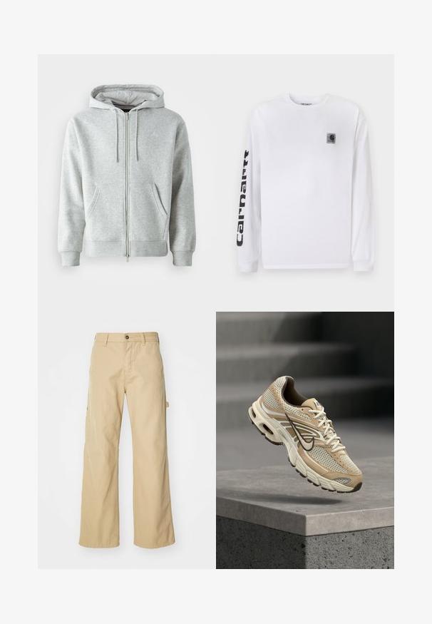 Sweat à capuche zippé gris avec cordon de serrage, doté de poches latérales, de poignets côtelés et d'un logo discret sur la poitrine. Texture de tissu douce.; T-shirt blanc à manches longues en coton, avec un petit patch logo noir sur la poitrine et un texte noir audacieux le long de la manche gauche.; Pantalons cargo larges beiges avec fermeture à bouton, dotés de poches latérales, fabriqués en coton robuste, avec une texture lisse et un design droit.; Chaussure de running Nike beige et blanche avec panneaux en mesh et swoosh noir, flottant au-dessus d'un rebord en béton avec des escaliers flous en arrière-plan.
