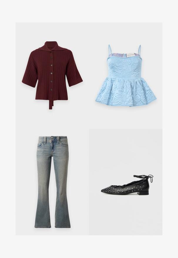 Bordeaux ribbet cardigan med bred krave, korte ærmer og knaplukning foran. Har en bindedetalje ved kanten. Blødt strikket tekstur.; Lyseblåt peplum top, quiltet stof med indviklede mønstre, spaghetti stropper, eksponeret ryglynlås og en ribbet mesh detalje langs halsudskæringen.; Lyseblå flagrende jeans lavet af denim. Har to forlommer, en knaplukning og subtile lysninger over stoffet.; Sorte balletflade sko i læder med spids tå, snøredesign og sølvnitte-accenter langs siderne. Lav blokhæl.