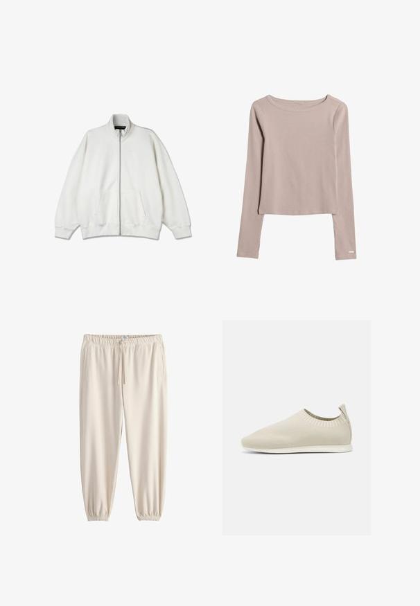 Hvid lynlås sweatshirt lavet af blødt stof, med høj krave, store lommer og en afslappet pasform. Diskret branding på brystet.; Lys beige langærmet skjorte lavet af blødt, strækbart stof. Har en bred halsudskæring og en let cropped bund. Diskrete syninger.; Joggingbukser i cremefarve lavet af blødt stof, med elastisk talje, snørre og tilspidsede manchetter. Har sidelommer.; Beige strikket slip-on sko med lav profil, tekstureret overdel og fleksibel sål. Har et vævet design omkring anklene for komfort.