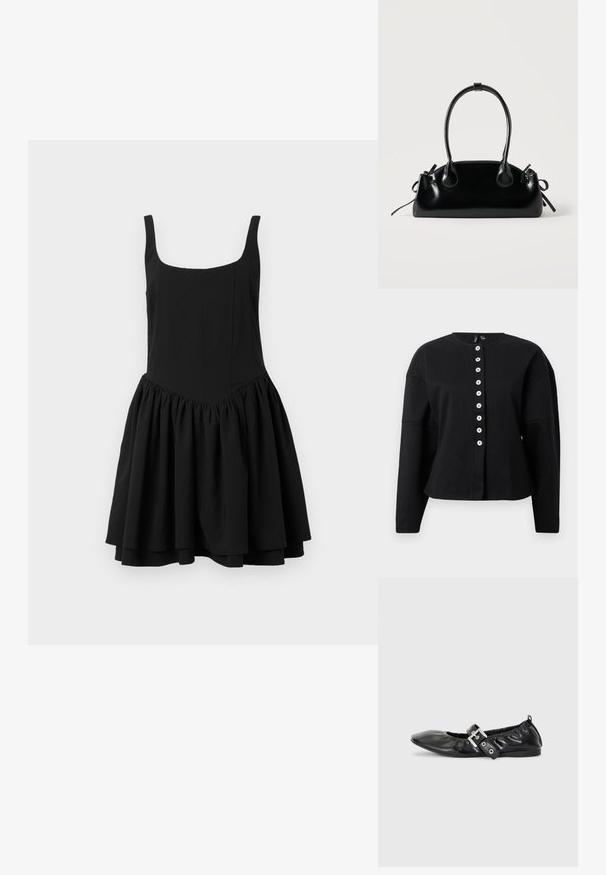 Chaqueta negra de manga larga hecha de tejido texturizado, con un cuello redondo y una tapeta central de botones con botones blancos.; Vestido negro sin mangas con escote cuadrado, cuerpo ajustado y falda acampanada y fruncida; textura suave y color sólido.; Zapato plano de piel negra con puntera afilada, detalle fruncido alrededor de la abertura y un acento de hebilla plateada en la correa ajustable.; Pequeño bolso negro brillante con dos asas largas y detalles de cordón lateral sobre un fondo claro liso.