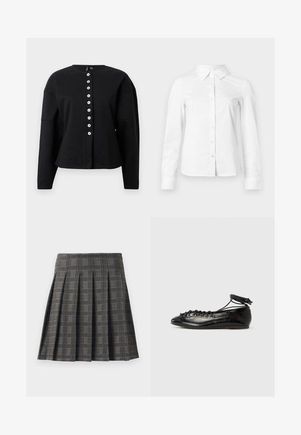 Chaqueta negra de manga larga hecha de tejido texturizado, con un cuello redondo y una tapeta central de botones con botones blancos.; Camisa blanca de manga larga con botones, cuello puntiagudo, bajo recto y silueta ajustada, presentada sobre un fondo claro y liso.; Falda plisada en un patrón de cuadros grises, hecha de una tela texturizada. Presenta pliegues verticales y un dobladillo recto.; Zapatos planos tipo ballet de charol negro con punta redondeada, diseño con cordones y suela plana. Textura lisa con detalles mínimos.