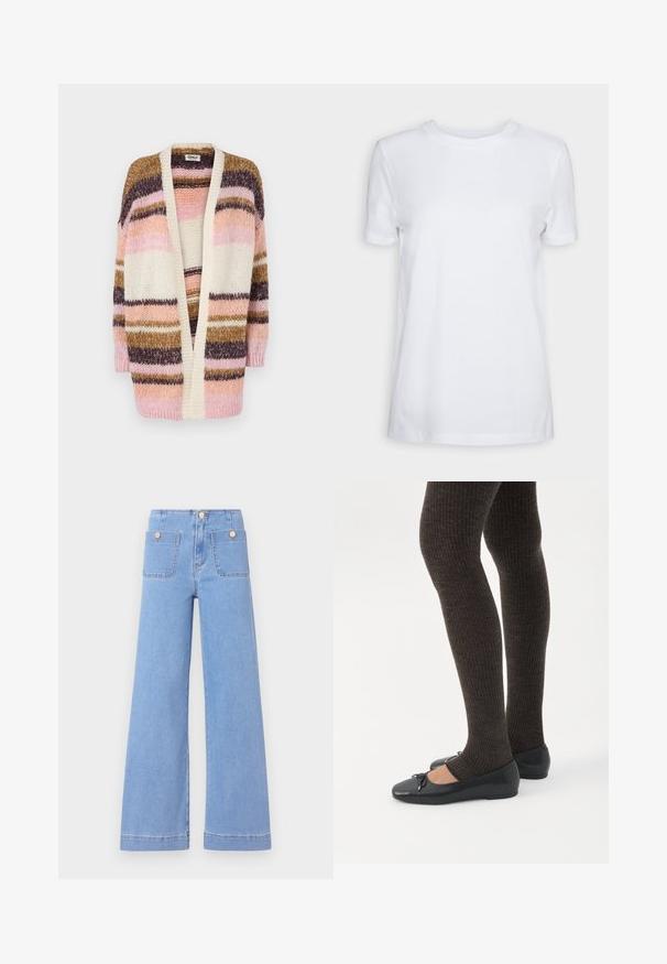Cardigan multicolore avec de larges rayures rose, crème, marron et violet. Texture tricotée, devant ouvert et manches longues.; T-shirt blanc uni à manches courtes, col rond, coupe régulière, avec une petite étiquette à l’intérieur du col indiquant "SELECTED FEMME."; Jeans larges bleu clair à taille haute, dotés de deux poches arrière et de boutons dorés. Fabriqués en denim avec une texture lisse et une finition soignée.; Jambes portant des leggings côtelés foncés associés à des ballerines noires avec de petits détails en nœud sur fond blanc.