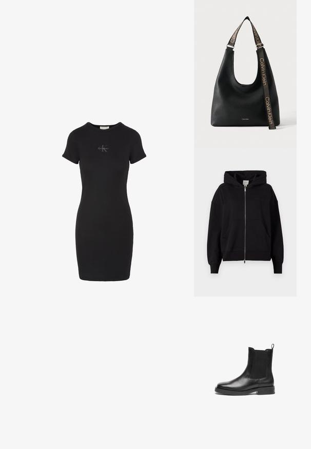 Sudadera con cremallera negra hecha de mezcla de algodón. Presenta una gran capucha, bolsillos frontales y puños acanalados. Branding minimalista en el pecho.; Vestido negro ajustado de manga corta con escote redondo que presenta un pequeño logo Calvin Klein en relieve en el pecho.; Botas Chelsea de cuero negro con paneles laterales elásticos, punta redonda, lengüeta y suela de goma negra gruesa. Textura suave y diseño clásico.; Bolso de hombro de piel negro Calvin Klein con correa ancha ajustable que presenta el logo repetido de Calvin Klein en beige.