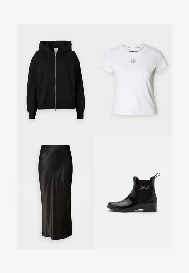 Sudadera con cremallera negra hecha de mezcla de algodón. Presenta una gran capucha, bolsillos frontales y puños acanalados. Branding minimalista en el pecho.; Camiseta blanca de manga corta DKNY con cuello redondo y pequeño logo "DKNY" en negro punteado centrado en el pecho, y "DKNY JEANS" impreso en el interior del cuello.; Falda de satén negra con una textura suave. Diseño de largo hasta el suelo con una cintura ajustada y un ligero vuelo en el dobladillo. Sin patrones visibles ni elementos metálicos.; Bota de lluvia negra brillante hasta el tobillo con panel lateral elástico y "Karl" escrito en letras doradas en el costado exterior.
