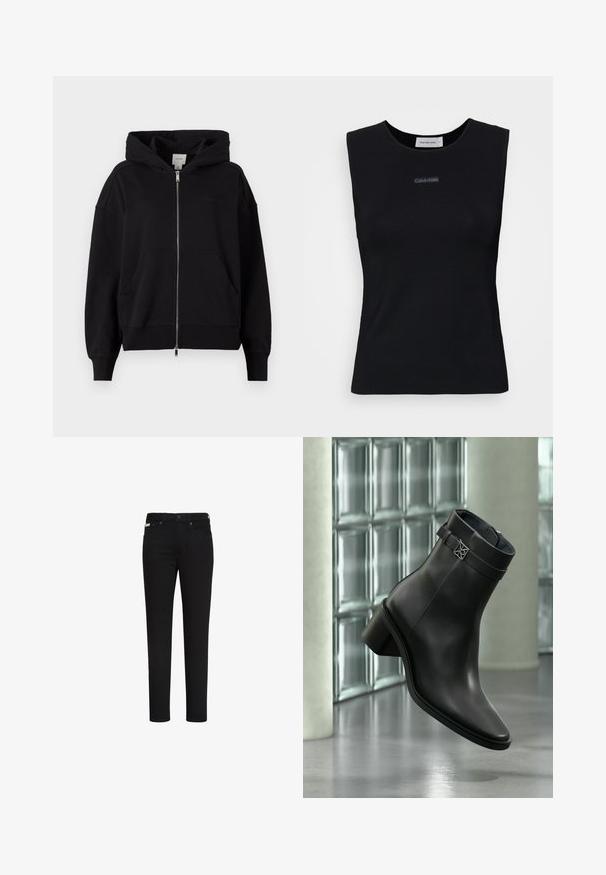 Zwarte zip-up hoodie van een katoenmix. Heeft een grote capuchon, frontzakken en geribde manchetten. Minimalistische branding op de borst.; Zwart mouwloos topje gemaakt van gladde stof. Heeft een ronde halslijn en een klein Calvin Klein-logo in het midden. Eenvoudig en aansluitend ontwerp.; Zwarte slim-fit jeans met knoop en rits aan de voorkant, met voor- en achterzakken en een klein label op de rechtervoorzak.; Zwarte leren enkellaars met een lage blokhak en een decoratief riempje, getoond in een moderne, minimalistische binnenomgeving.