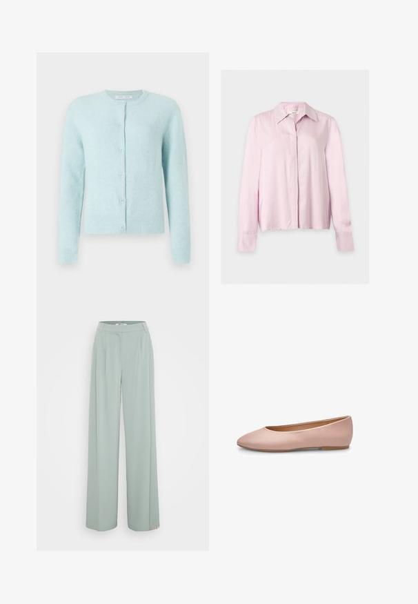 Cardigan bleu clair en matériau doux, avec un col arrondi, des manches longues et cinq boutons à l'avant.; Blouse rose clair à manches longues avec col, patte de boutonnage cachée et poignets ajustés, présentée sur un fond clair uni.; Pantalons larges vert clair avec une texture lisse, dotés d'une ceinture plate à l'avant et de plis pressés le long des jambes.; Ballerine plate en cuir rose avec un bout pointu, une texture lisse, des accents minimaux et une semelle solide marron clair. Design simple, sans ornements.