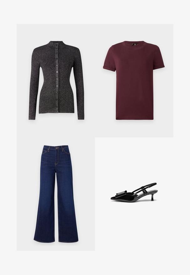Gilet noir à côtes en matériau texturé, doté d'un col haut, de manches longues et d'une rangée de six boutons coordonnés sur le devant.; T-shirt bordeaux en coton doux, doté d'un col rond, de manches courtes et d'une coupe décontractée avec une texture lisse et sans motifs visibles.; Jean large en denim bleu foncé, avec une taille haute, un design à cinq poches et des coutures orange contrastantes le long des coutures.; Talons aiguilles en cuir verni noir avec un bout pointu, un détail en nœud à l'avant et un petit talon stiletto. Les brides sont équipées de boucles ajustables.