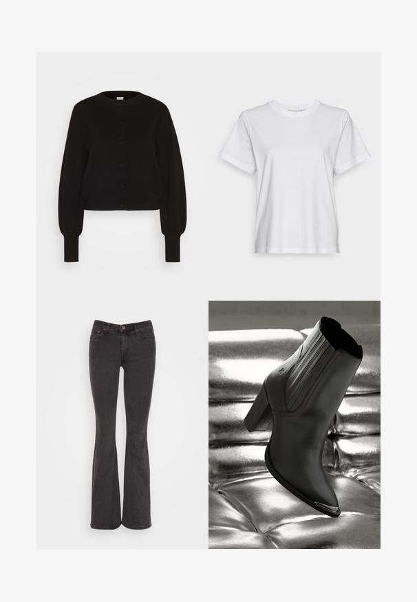 Sort strikket cardigan med rund hals, fuldlængde ærmer og knaplukning. Har en ribbet kant og manchetter for tekstur.; Hvid bomulds T-shirt med korte ærmer, rund hals og en afslappet pasform. Glat tekstur, uden mønstre eller grafik, enkel design.; Weekday FLAME LOW - Flared jeans - black lux; Sorte læder ankelstøvle med høj hæl, prydet med lodret syning og en skinnende sølvdetalje på tåen, sat på en metallisk baggrund.