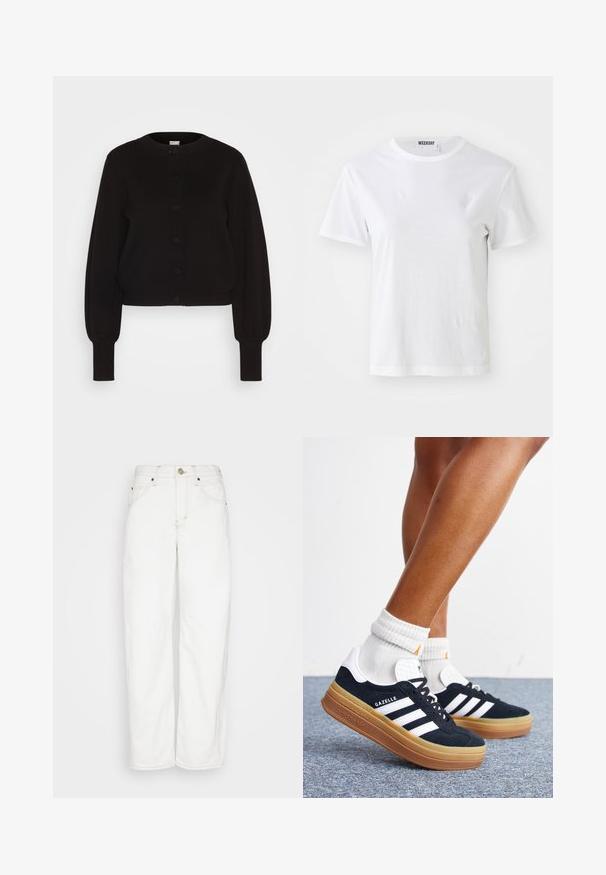 Cárdigan negro de punto con cuello redondo, mangas largas y cierre de botones. Presenta un dobladillo y puños acanalados para dar textura.; Camiseta blanca de manga corta hecha de una tela suave. Cuenta con un escote redondo y un corte recto, con una etiqueta en el cuello interior.; BDG Urban Outfitters LOGAN CINCH - Vaqueros rectos - white; Piernas con calcetines blancos y zapatillas Adidas Gazelle negras con rayas blancas y suelas marrones gruesas sobre un suelo alfombrado gris.