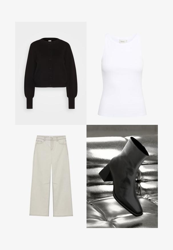 Sort strikket cardigan med rund hals, fuldlængde ærmer og knaplukning. Har en ribbet kant og manchetter for tekstur.; Hvid ribbet tanktop med rund halsudskæring og uden ærmer. Strækbart stof og tætsiddende design. Etiketten bagpå viser "GESTUZ."; Lysegrå bredbenede bukser med fem lommer, frontknaplukning og kontrastsyninger langs sømmen. Stoffet ser blødt og slidstærkt ud.; Sorte ankelstøvler lavet af glossy materiale med firkantet tå og spidse hæle, sat mod en skinnende sølv tuftet baggrund.