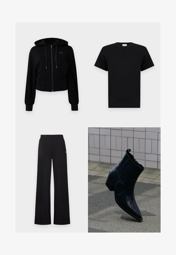 Moderne sort zip-up hoodie lavet af blødt stof, med hætte, let cropped design og ribbet manchetter med logodetalje.; Sort T-shirt med korte ærmer og rund halsudskæring med et lille hvidt mærkat ved halsen med mærkenavnet "CLOSED."; Sorte viddebenbukser med en tætsiddende talje, lavet af et glat stof. Har diskrete sidelommer og minimale hardware-detaljer.; Skinnende sort læderankelstøvle med blokhæl, elastiske sidepaneler og trækflig, placeret opret på tekstureret fortov nær flisebelagt væg.
