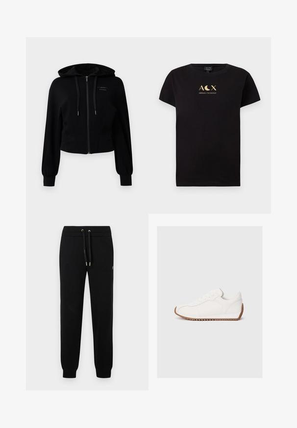 Moderne sort zip-up hoodie lavet af blødt stof, med hætte, let cropped design og ribbet manchetter med logodetalje.; Sort bomulds t-shirt med korte ærmer, der har et guld logo design, som inkluderer teksten "ACX" og "ARMANI EXCHANGE".; Sorte joggerbukser med elastisk talje og snøre, ribbede cuffs og subtil logo-detalje på sidebenet.; Hvide sneakers med glat læderoverdel, tekstureret gummisål, rund tå og diskrete syninger. Kontrastfarvet brun gummisål.