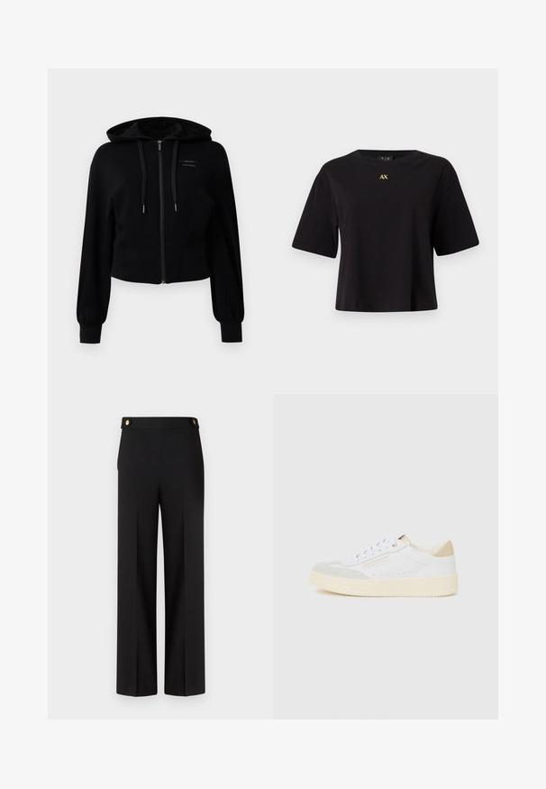 Moderne sort zip-up hoodie lavet af blødt stof, med hætte, let cropped design og ribbet manchetter med logodetalje.; Sort kortærmet T-shirt lavet af bomuld med en afslappet pasform, med et guld "AX" logo centreret på brystet.; Bredde sorte bukser med en glat tekstur, flad front og guldbutton-detaljer i taljen. Skræddersyet pasform med et stilrent design.; Hvide sneakers med en glat læderoverdel, suedetåhætte, guldaccenter på hælen og en struktureret cremefarvet gummisål.