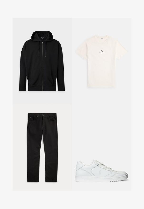 Sweat à capuche noir zippé avec poches avant, capuche à cordon de serrage et poignets et ourlet côtelés sur un fond clair uni.; T-shirt en coton crème à manches courtes, col rond, avec un logo "Ralph Lauren" noir représentant un cheval sur la poitrine.; Jean noir droit avec poches avant et arrière, passants de ceinture, fermeture par bouton et étiquette de marque discrète sur la ceinture et la poche.; Baskets en cuir blanc avec une texture lisse, présentant un bout perforé, un système de laçage et un logo brodé sur le côté. Semelle en caoutchouc blanc.