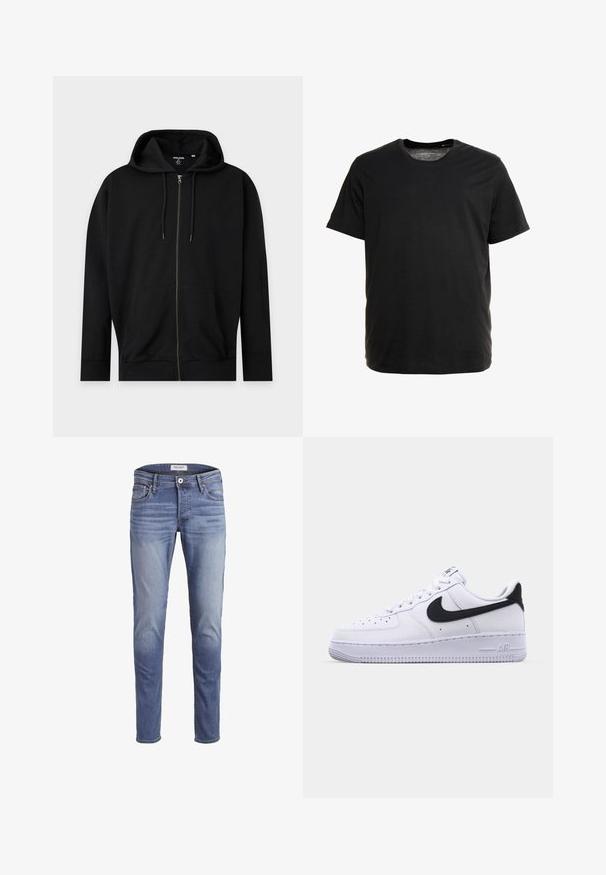 Sweat à capuche noir zippé avec poches avant, capuche à cordon de serrage et poignets et ourlet côtelés sur un fond clair uni.; T-shirt noir à manches courtes en tissu doux, avec un col rond et une coupe droite, sans motifs ni graphiques visibles.; Jean slim en denim bleu, avec un délavage, cinq poches et une fermeture éclair avec bouton.; Sneaker en cuir blanc avec un Swoosh noir texturé, des lacets plats et une semelle en caoutchouc avec un motif strié. "AIR" est embossé sur le talon.