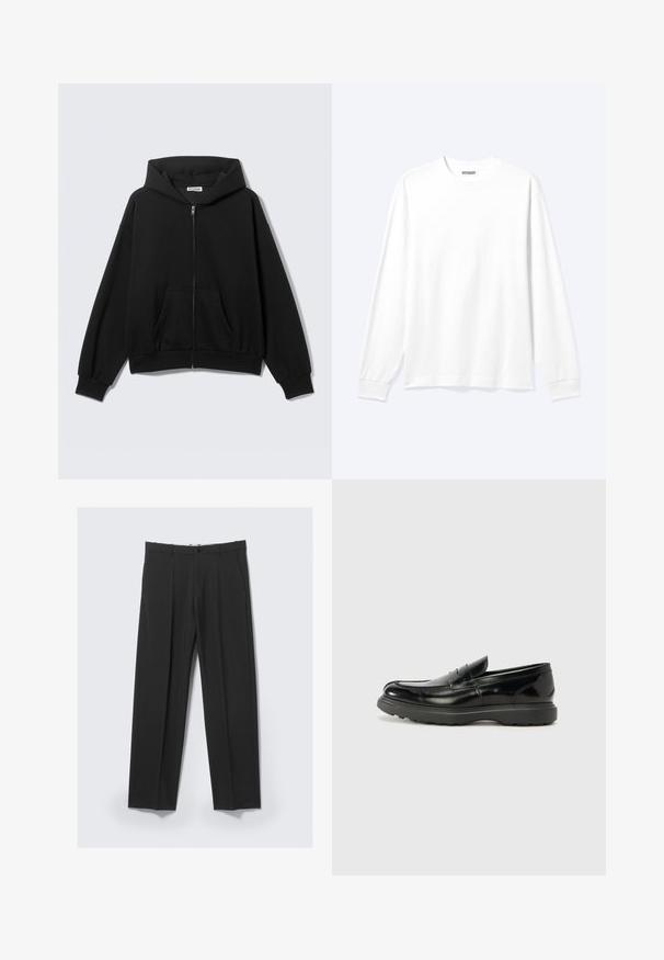Sweat à capuche noir zippé avec poches avant, manches longues et capuche, présenté sur un fond uni clair.; Chemise blanche unie à manches longues avec col rond et poignets côtelés, présentée sur un fond clair neutre.; Pantalon noir ajusté avec plis avant, poches latérales, passants de ceinture et fermeture par bouton à la taille sur un fond clair.; Mocassin en cuir noir avec une finition brillante, bout arrondi, détails de couture subtils et semelle en caoutchouc épaisse pour la durabilité.