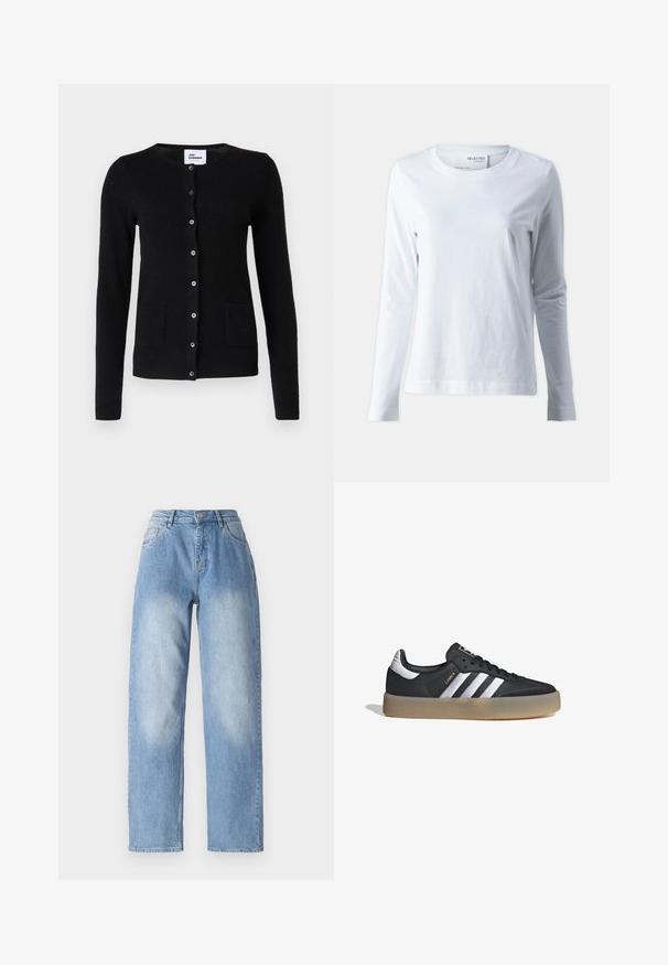 Cárdigan negro con botones, mangas largas y bolsillos. El modelo está sentado en una silla con un fondo de cojín texturizado.; Camiseta blanca de manga larga hecha de algodón suave. Presenta un cuello redondo y mangas ajustadas. Textura suave con un diseño liso.; Jeans de mezclilla azul claro con un diseño de cintura alta, silueta recta y un leve desteñido en la parte frontal superior para añadir textura.; Zapatilla deportiva de cuero negro con tres rayas plateadas, punta texturizada y suela de goma. Cuenta con un collar acolchado y un diseño con cordones.