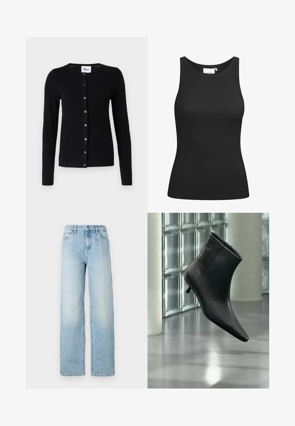 Sort cardigan med knapper, lange ærmer og lommer. Modellen sidder på en stol med en tekstureret pude i baggrunden.; Sort tanktop lavet af ribbet materiale, med en scooped halsudskæring og en tætsiddende form. Flade sømme og ingen udsmykninger. Enkel og strømlinet design.; Lysblå denim bukser med vid ben, klassisk fem-lomme-design, knaplukning og subtilt slitage for tekstur.; Sort læderankelstøvle med spids tå og lav kitten-hæ, vist vinklet mod en poleret gulv- og glasblokvæg.