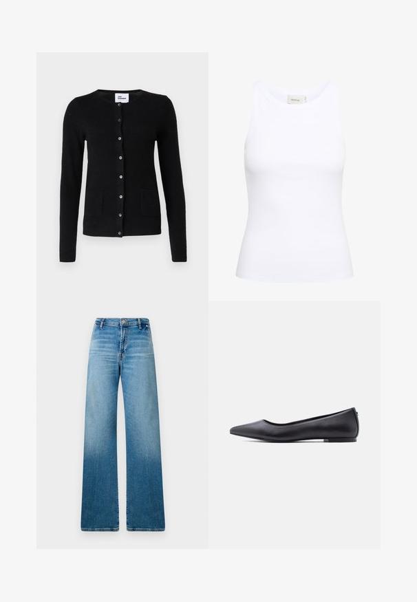 Schwarzer Cardigan mit Knöpfen, langen Ärmeln und Taschen. Das Modell sitzt auf einem Stuhl vor einem Hintergrund mit texturiertem Kissen.; Weißes, geripptes Tanktop mit Rundhalsausschnitt und ohne Ärmel. Elastisches Material und figurbetontes Design. Das Etikett auf der Rückseite trägt die Aufschrift "GESTUZ."; Weite Jeans aus hellblauem Denim mit einem klassischen Fünf-Taschen-Design und einer subtilen Farbverlauf-Textur von dunklerem zu hellerer Blau.; Schwarzer flacher Lederschuh mit spitzer Kappe und niedrigem Absatz, seitlich vor weißem Hintergrund gezeigt.
