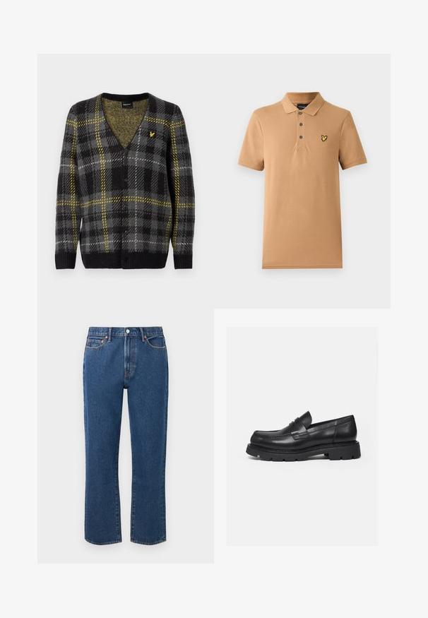 Schwarz-grauer karierter Cardigan mit gelben Akzenten, V-Ausschnitt, strukturiertem Strickstoff und fünf Knöpfen auf der Vorderseite. Kleines Logo auf der Brust.; Beige Poloshirt aus weicher Baumwolle, mit einem Drei-Knopf-Verschluss und einem kleinen gelben gestickten Logo auf der linken Brust. Kurze Ärmel.; Blaue gerade Jeans aus Denim mit einem Knopfverschluss, fünf Taschen und kontrastierenden orangen Nähte.; Schwarzer Lederloafer mit dicker, profilierter Sohle und Pennyriemen-Detail, von der rechten Seitenansicht auf weißem Hintergrund gezeigt.