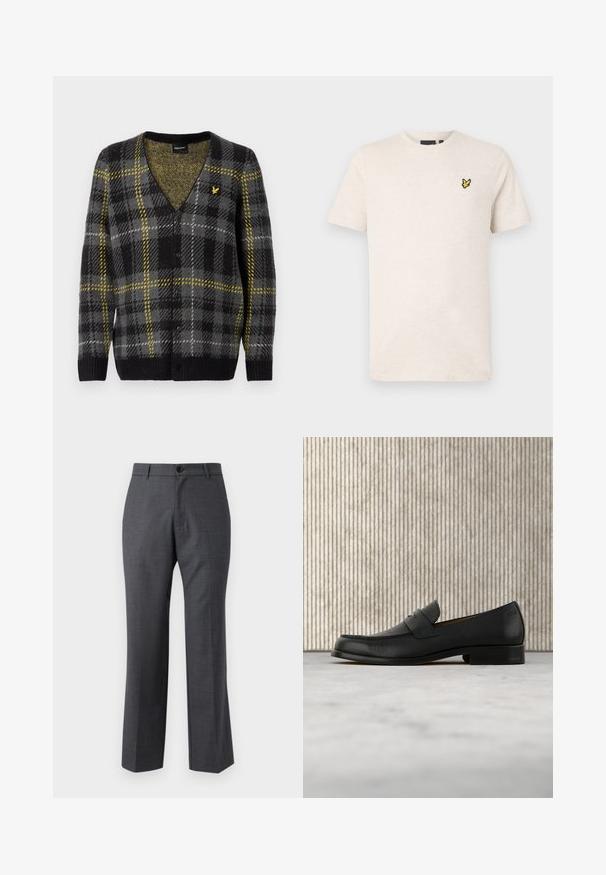 Cárdigan a cuadros negro y gris con acentos amarillos, diseño de escote en V, tejido de punto texturizado y cinco botones en la parte delantera. Pequeño logo en el pecho.; Camiseta beige de manga corta con cuello redondo y pequeño logo de pájaro amarillo en el pecho izquierdo, mostrada sobre un fondo liso.; Pantalones de vestir grises a medida, hechos de una tela tejida, con un diseño de pierna recta, frente plano y un cierre de botón único.; Zapato mocasín de cuero negro flotando sobre una alfombra beige con una mesa redonda marrón brillante al fondo.