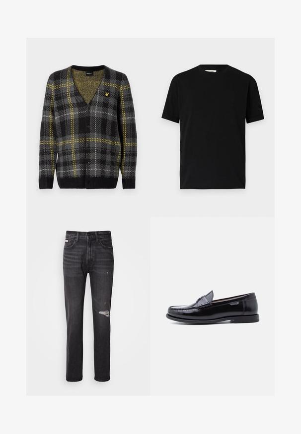 Cárdigan a cuadros negro y gris con acentos amarillos, diseño de escote en V, tejido de punto texturizado y cinco botones en la parte delantera. Pequeño logo en el pecho.; Camiseta negra de manga corta hecha de algodón con un cuello redondo y un corte holgado. Textura suave, sin patrones ni logotipos visibles.; Jeans de mezclilla negra con un diseño de pierna recta, detalles desgastados en la rodilla, estilo de cinco bolsillos y un sutil acabado deslavado.; Mocasines de cuero negro con acabado brillante, que presentan un diseño cosido en la puntera y una suela baja de goma negra texturizada.