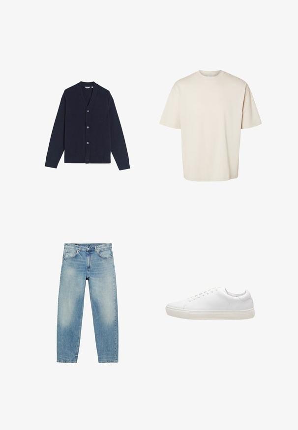 Donkerblauwe cardigan met V-hals, zes knopen aan de voorkant en geribde manchetten en zoom. Gemaakt van zacht gebreid materiaal. Geen patronen of graphics.; Effen beige oversized katoenen T-shirt met korte mouwen en ronde hals, plat gelegd op een witte achtergrond.; Jeans met rechte pijpen van blauwe denim, met voorzakken en riemlussen, met lichte vervaagde details op dijen en knieën.; Witte leren sneaker met een gladde textuur, ronde neus, vetersluiting en een platte rubberen zool. Minimalistisch ontwerp zonder zichtbare patronen.