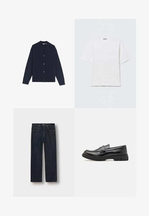 Donkerblauwe cardigan met V-hals, zes knopen aan de voorkant en geribde manchetten en zoom. Gemaakt van zacht gebreid materiaal. Geen patronen of graphics.; Effen witte T-shirt met korte mouwen en ronde hals, met een klein "WEEKDAY" label aan de binnenkant van de achterkraag, weergegeven op een vlakke ondergrond.; Donkerblauwe straight-leg jeans van denimstof, met riemlussen, voorkanten en contrasterende stiksels. Minimalistisch ontwerp zonder versieringen.; Zwarte leren instapper met een brede band over de voet, rubberen zool met dikke noppen en een gladde textuur. Klassiek, strak ontwerp.