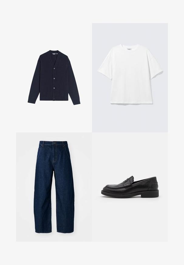 Donkerblauwe cardigan met V-hals, zes knopen aan de voorkant en geribde manchetten en zoom. Gemaakt van zacht gebreid materiaal. Geen patronen of graphics.; Witte oversized T-shirt met korte mouwen, ronde hals en verlaagde schouders, plat op een lichtgrijze achtergrond.; Wijdvallende donkere spijkerbroek met een hoge taille, voorzien van vijf zakken, een sluiting met een knoop aan de voorkant en zichtbare stikseldetails.; Zwarte leren loafers met een ronde neus, ton-sur-ton stiksels en een banddetail aan de voorkant. Rubberen zool met een lage hak.