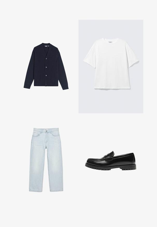 Donkerblauwe cardigan met V-hals, zes knopen aan de voorkant en geribde manchetten en zoom. Gemaakt van zacht gebreid materiaal. Geen patronen of graphics.; Witte oversized T-shirt met korte mouwen, ronde hals en verlaagde schouders, plat op een lichtgrijze achtergrond.; Lichtblauwe jeans met rechte pijpen en een hoge taille, voorzien van voorzakken, riemlussen en een knoopsluiting in de taille.; Zwarte leren loafer met een dikke rubberen zool en klassieke penny-strap details, gezien vanaf de buitenkant.