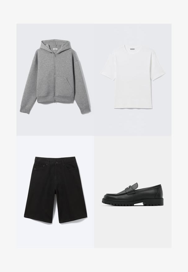 Sweat à capuche zippé gris clair avec poches avant et capuche, présenté à plat sur un fond clair.; T-shirt blanc uni à manches courtes et col rond, avec une petite étiquette "WEEKDAY" à l'intérieur du col arrière, présenté à plat.; Short en jean noir longueur genou avec bouton à l'avant, passants de ceinture et cinq poches, présenté sur fond blanc.; Mocassins en cuir noir à bout arrondi, avec un design cousu, une semelle plateforme basse et une semelle en caoutchouc texturée et crantée.